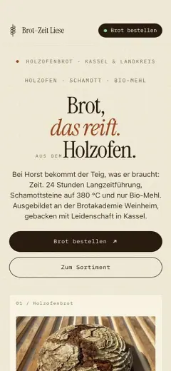 Mobile Website von Brot-Zeit Liese mit Holzofenbrot-Angebot